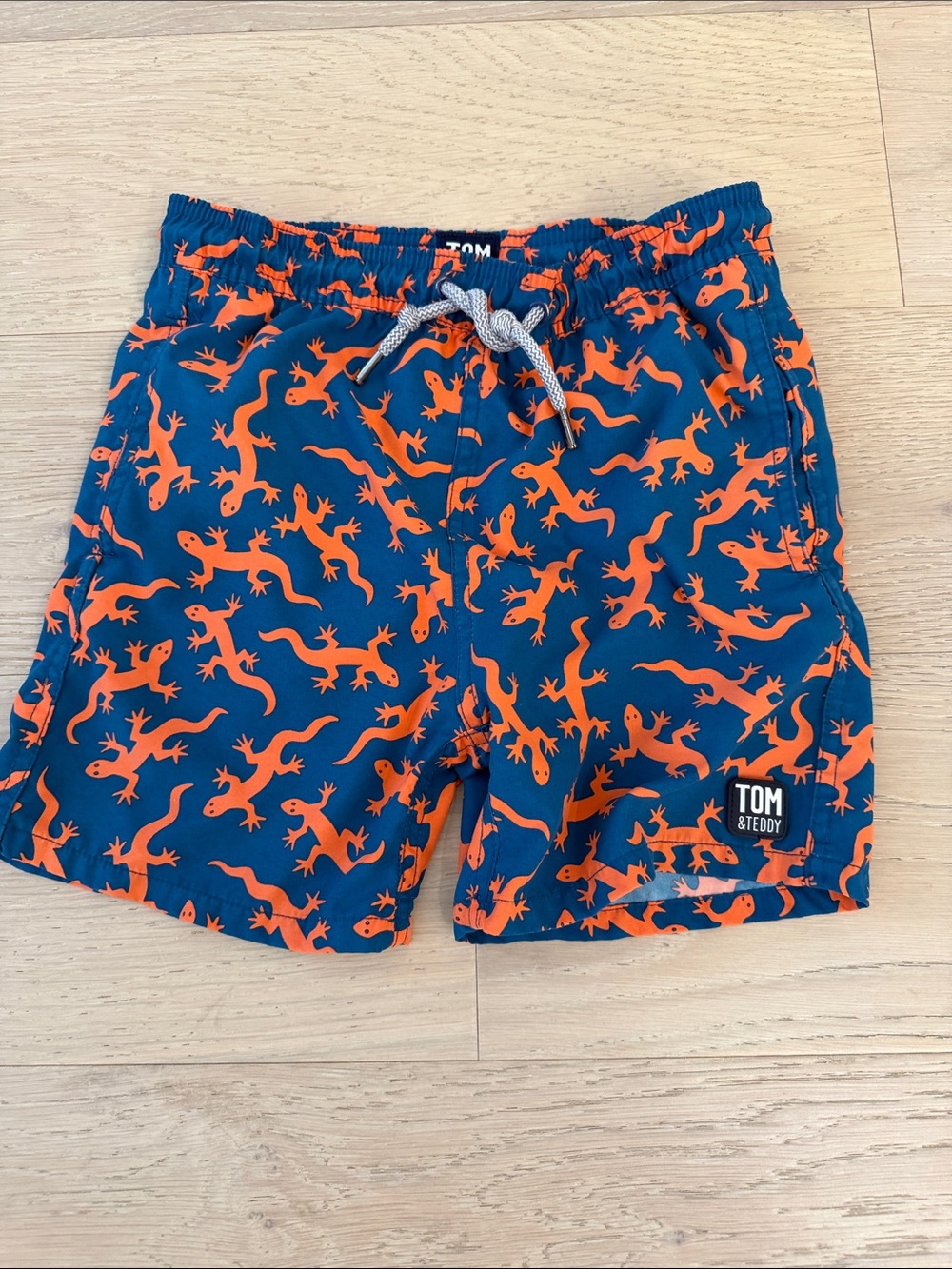 Tom & Teddy Navy Swim Shorts with Bright Orange Lizard Print